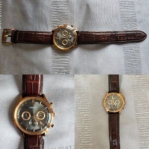 Fossil Men's Watch with Brown Leather Strap and Gold Case